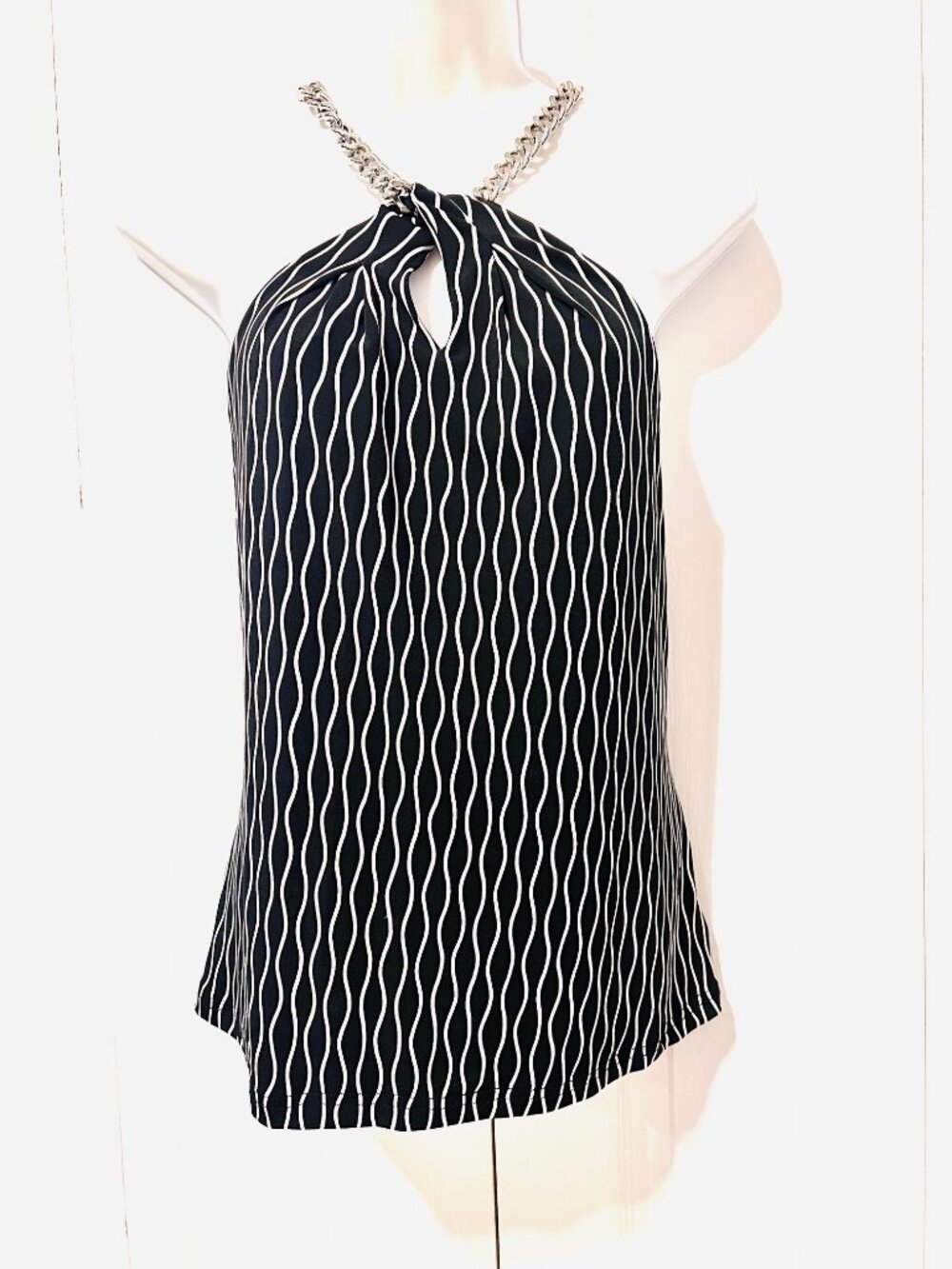Michael Michael Kors-Women's Large Black/White Halter Top-Silver Chain at neck